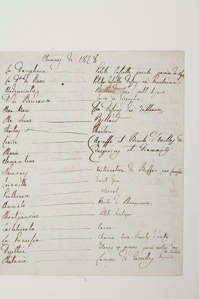 MARIE-AMÉLIE (1782-1866) Reine des Français, épouse de Louis-Philippe.Pièce autographe, [fin 1827]; 3 pages et quart in-4.«Étrennes de 1828», comportant une cinquantaine de noms de parents et proches, avec précision des cadeaux: la Dauphine et la duchesse de Berri (petites cassettes décorées), Mademoiselle («serre, petit bijoux»), le duc de Bordeaux («casier de géographie»), son mari («dix dessins des tableaux»), ses enfants (un phaéton pour Chartres, la «continuation de Buffon par Lacepède» pour Nemours, un fusil et une épée pour Joinville, un cheval pour Penthièvre, une «boîte de menuiserie» pour Aumale...), leurs précepteurs Boismilon (Biographie des contemporains) et Cuvillier-Fleury («ouvrage de Montesquieu»), et d'autres membres de sa Maison ou celle de son mari: MM. Atthalin, de Montesquiou, Oudard, Mmes ou Mlles Berthois, de Chantérac, Pignatelli... Suit une liste d'étrennes «données par mon Mari» à leurs enfants: à Chartres, 500 f.; à Louise, Clémentine et Nemours, des livres; à Marie, une montre; à Joinville «fusil épée petit théâtre»; à Penthièvre un cheval de bois et à Aumale et Montpensier, «des petites maisons à construire»...