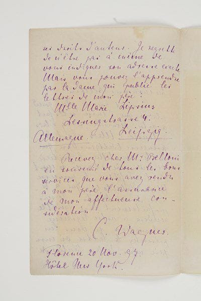Cosima WAGNER (1837-1930) fille de Liszt et Marie d'Agoult, femme de Hans von Bülow puis de Richard Wagner.Lettre autographe signée «C. Wagner», Florence 20 novembre 1897, à Gaetano Belloni [ancien secrétaire de Franz Liszt]; 2 pages in-8 à l'encre violette.Sur l'héritage de son père Franz Liszt.«Ce serait avec le plus grand plaisir que j'eusse satisfait à votre demande, si j'y étais autorisée. Mais, c'est la princesse Wittgenstein, qui a été constituée l'héritière de mon père, et après sa mort c'est sa fille, la princesse Marie Hohenlohe qui a hérité de ses droits. Je suis parfaitement sûre qu'elle cèdera à votre légitime réclamation, si vous lui présentez la lettre où mon père vous déclare héritier de ses droits d'auteur. Je regrette de n'être pas à même de vous indiquer son adresse exacte. Mais vous pouvez l'apprendre par la dame, qui publie les lettres de mon père», Mlle Marie Lipsius [sous le pseudonyme de La Mara]...On joint un carton d'invitation au nom de Frau Wagner pour le journaliste Charles Joly; et la traduction en français d'une lettre de Cosima Wagner au nom de son fils Siegfried, Bayreuth 12 août [1896].Vente 4 octobre 2005 (n° 176).
