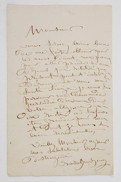 Rosa BONHEUR (1822-1899) peintre animalier. Lettre autographe signée «Rosa Bonheur», [1850 ?]; 1 page in-8 (portrait joint).«Vous seriez bien bon de me faire obtenir pour le mois d'août une permission pour aller prendre les eaux d'Hems [Ems] j'ai retardé jusqu'à présent pensant éviter ce dérangement mais ma santé l'exige»...