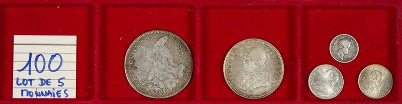 LOT de 5 monnaies en argent. ETATS PONTIFICAUX: 50 bolognini de Pie VI 1778 (KM.278, B/TB),  - 50 baiocchi de Pie IX 1853 an VIII Rome (KM.1357, SUP), 10 soldi de Pie IX 1867 an XXII Rome (KM.1376, SUP),  - 25 centesimi de Charles-Albert roi de Sardaigne 1833 Turin (KM.132.1, TB), 50 centesimi Victor-Emmanuel roi d’Italie  - 1867 Milan (KM.14.1, SUP). 