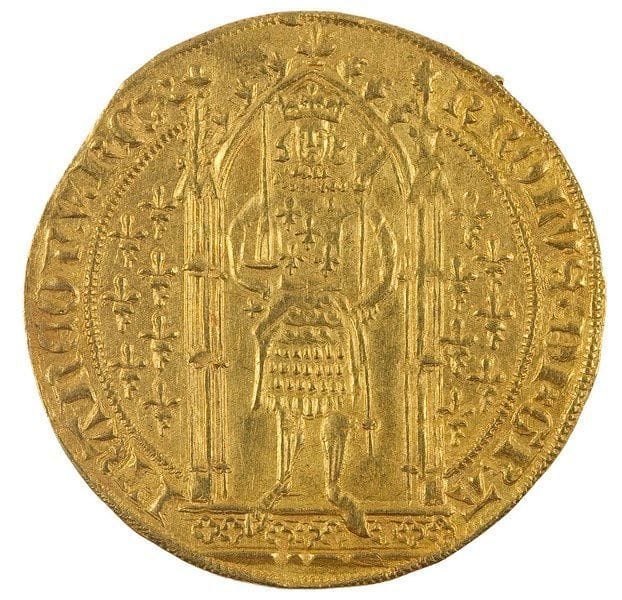 CHARLES V (1364-1380). Franc à pied, + au pommeau de l’épée et à la place du point central du revers. - 3,79g. - D.360A - Fr.284 - TTB