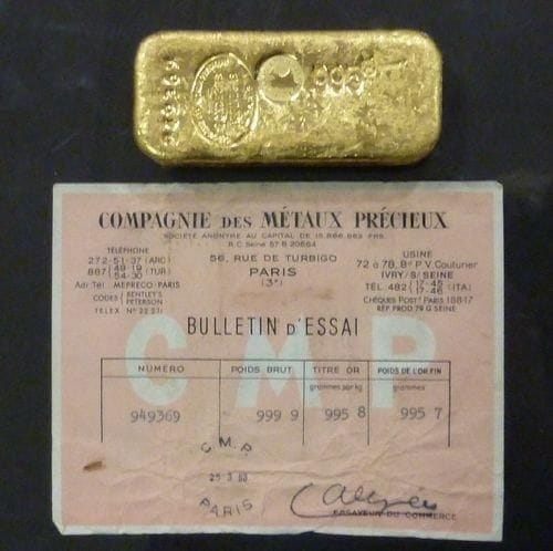 Lingot d'or numéro 949369 Titre: 995.8 Compagnie des Métaux précieux, Paris Poids: 999,9 g Certificat