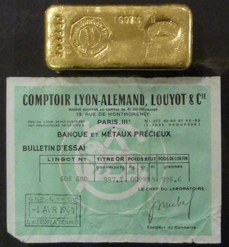 Lingot d'or numéro 606680 Titre: 997.1 Fondeur: Comptoir Lyon-Alemand, Louyot et Cie, Paris Poids: 999 g Certificat