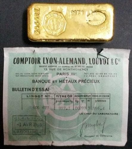 Lingot d'or numéro 606677 Titre: 997.1 Fondeur: Comptoir Lyon-Alemand, Louyot et Cie, Paris Poids: 999 g Certificat