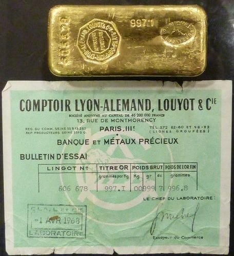 Lingot d'or numéro 606678 Titre: 997.1 Fondeur: Comptoir Lyon-Alemand, Louyot et Cie, Paris Poids: 999 g Certificat