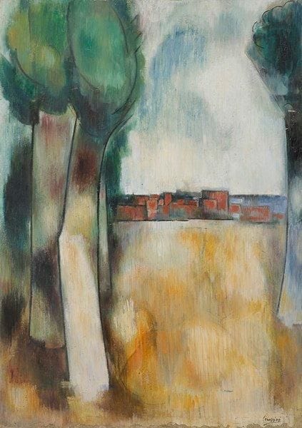 Louis SON (1921-1996)
Village aux grands arbres Huile sur toile. Signée en bas à droite. (Petits manques en bas). 92 x 65 cm  Exposition: Salon des indépendants, catégorie Expressionniste, 1957