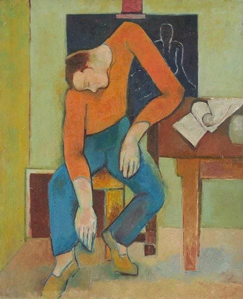 Louis SON (1921-1996)
Jeune homme à la table Huile sur panneau. Non signée.  61 x 50 cm
