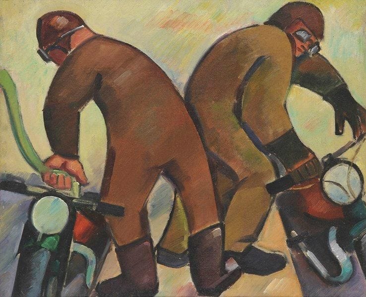 Louis SON (1921-1996)
Les Motards Huile sur toile. Non signée. Paysage marin au dos. 38 x 46 cm