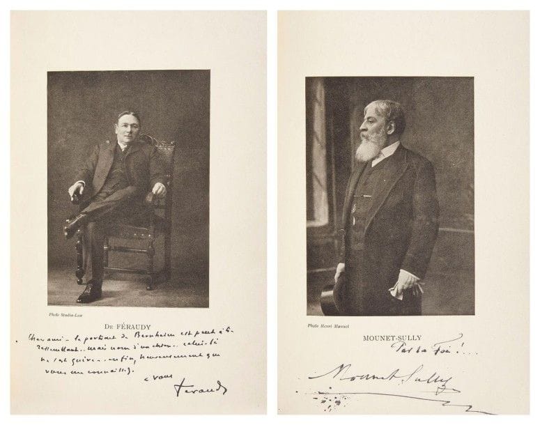 BERNHEIM (Adrien)
Autour de la Comédie-Française. Trente ans de Théâtre. Préface de M. Jules Claretie. Paris: Devambez, 1913. - In-8, XIX, 272 pp., (1 f. blanc), 27 portraits, couverture imprimée. Maroquin rouge, triple filet doré en encadrement sur les plats, dos à nerfs orné, dentelle dorée en encadrement à l'intérieur, doublures et gardes de soie moirée bordeaux, tête dorée, non rogné, couverture et dos conservés (Pagnant).
Édition originale de cet ouvrage dans lequel le critique dramatique et inspecteur général des théâtres Adrien Bernheim (1861-1914) «évoque des figures d'artistes qui furent la gloire» de la Comédie-Française à la fin du XIXe et au début du XXe siècle. Elle est illustrée de 27 portraits photographiques hors texte.
Exemplaire unique, sur papier Japon, offert par l'auteur à l'historien et homme de lettre Emmanuel Rodocanachi, avec envoi autographe. 17 des 27 portraits ont été signés par les artistes représentés, avec, pour la plupart, quelques lignes autographes (Jules Claretie, Marie Leconte, Julia Bartet, Maurice de Féraudy, Frédéric Febvre, Georges Baillet, Blanche Pierson, Huguenet, Paul Hervieu, Prud'hon, Raphaël Duflos, Suzanne Reichenberg, Le Bargy, Blanche Barretta, Joliet, Cécile Sorel, Mounet-Sully).
L'exemplaire est en outre truffé des éléments suivants:
- LAS de Bernheim à l'en-tête du Ministère de l'Instruction Publique, adressée à Rodocanachi
- LAS de Madeleine Brohan
- LAS de Frédéric Febvre
- LAS et signature autographe de Worms
- 2 LAS de Coquelin Cadet
- LAS et photo originale signée d'Adeline Dudlay
- LAS de Constant Coquelin
- signature autographe de Louis Leloir et LAS de sa veuve
- LAS et ex-libris d'Edmond Got
- LAS et signature autographe de Delaunay
- 2 LAS de Francisque Sarcey.
Bel exemplaire relié par Pagnant. Il a été complété par un album d'autographes d'artistes de la Comédie-Française, en reliure assortie en demi-maroquin rouge à coins de Stroobants. Il contient 14 LAS (Arnoud-Plessy, Soph