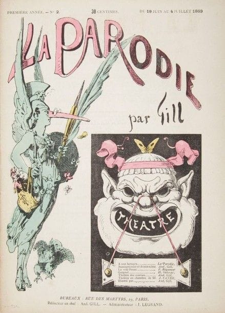 [REVUE] GILL (André). La Parodie. Paris, 4 juin 1869-9 au 16 janvier 1870. - 21 numéros reliés en un volume in-4, demi-percaline marron, dos lisse (reliure de l'époque).
Collection complète de ce journal satirique très rare fondé par André Gill, qui n'eut que 21 numéros publiés entre le 4 juin 1869 et le 9 janvier 1870.
«Celui qui écrit ces lignes s'est imposé une Fonction: Rire, chose grave. Faire rire, chose plus grave» nous dit André Gill en tête de sa préface.
Outre André Gill, ont collaboré à cette revue Régamey, Oulevay, d'Hervilly, Alfred Le Petit, Robida, etc.
Exemplaire enrichi d'une caricature de Flourens par Moloch, de la caricature de Gill intitulée «L'Enterrement de la caricature» parue en tête du numéro 266 de L'Éclipse du 30 novembre 1873, collée au premier contreplat, et de la brochure de souscription pour l'ouvrage de Ch. Fontaine intitulé Un Maître de la caricature, André Gill.
Plissures à la couverture du premier numéro. Décharges aux pages 256-257,278-279, 290-291, 294-295