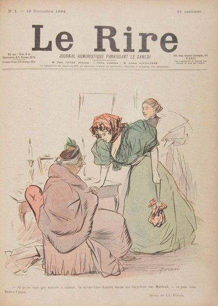 [REVUE]. Le Rire. Journal humoristique. Paris: f. Juven, du n° 1 du 10 novembre 1894 au n° 569 du 27 décembre 1913. 
- 930 numéros en 18 volumes in-4, demi-toile d'édition à coins (volumes 1 à 3), broché sous chemise d'édition (volume 4), demi-percaline rouge (volume 5), demi-toile bleue (volumes 6, 7 et 9), demi-basane rouge (volume 8), demi-chagrin rouge (volumes 10 à 18).
Important ensemble de 930 numéros de ce célèbre journal satirique fondé par Félix Juven.
Parmi les illustres collaborateurs figuraient Forain, Caran d'Ache, Willette, Léandre, Gyp, Hermann-Paul, Rabier, Toulouse-Lautrec, Valloton, Jean Veber, Alphonse Allais, Tristan-Bernard, Jules Renard, Willy, Roubille, Joseph Hémard, Gerbault, etc.
Il manque seulement à cet ensemble les numéros 157, 158, 209 à 217, n° 41, 54, 57, 72 à 74 et 77 (1904), et l'année entière 1905.
Déchirures à plusieurs numéros. Le numéro 208 est déchiré dans la partie inférieure, avec manques. Plusieurs reliures sont très abîmées. Il manque le second plat de couverture du volume broché. On trouve quelques numéros en double et 2 numéros de l'Assiette au beurre