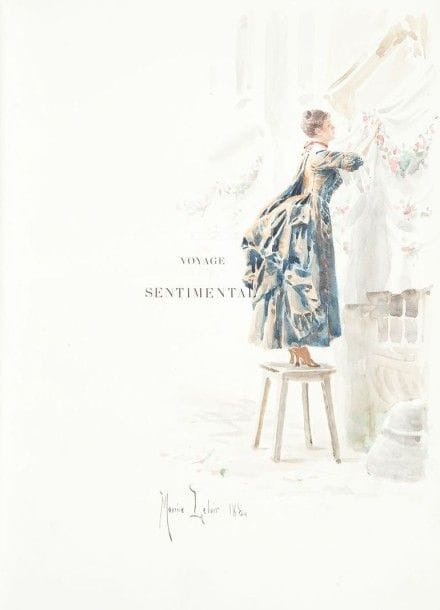 STERNE (Laurence)
Voyage sentimental en France et en Italie. Traduction nouvelle et Notice de M. Émile Blémont. Paris: Librairie artistique, H. Launette, 1884. - Grand in-4, portrait, XII, 212 pp., (2 ff.), 11 planches, couverture illustrée. Demi-maroquin rouge à coins, dos lisse orné de motifs rocailles dorés accompagnés de fleurs et de papillons dorés et mosaïqués de maroquin vert, bleu et ocre, tête dorée, non rogné, couverture conservée (Affolter).
Première édition de la traduction proposée par Émile Blémont (1839-1927) du célèbre roman de l'écrivain écossais Laurence Sterne (1713-1768). Elle est illustrée de 220 ornements et compositions dans le texte et de 12 planches en photogravure, dont un portrait de l'auteur, par Maurice Leloir.
Un des 200 exemplaires du tirage spécial au format in-4 Jésus, contenant une double suite des photogravures avant la lettre et une aquarelle originale inédite de Maurice Leloir; celui-ci étant l'un des 100 sur papier Whatman.
Très bel exemplaire relié par Affolter, parfaitement conservé malgré de légers frottements à la charnière du premier plat et aux coins