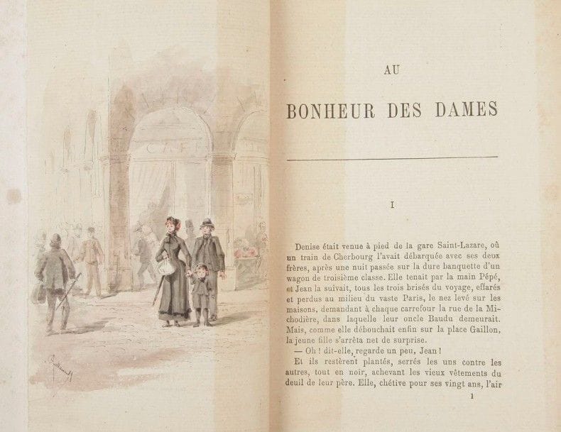 ZOLA (Emile)
Au bonheur des dames. Paris: G. Charpentier, 1883. - In-18, (2 ff.), 521 pp., couverture imprimée. Demi-maroquin rouge à coins, filets dorés, dos à nerfs orné, tête dorée, non rogné, couverture conservée (Canape-Belz).
Édition originale de l'un des plus célèbres romans d'Émile Zola, formant le 11e volume de la série des Rougon-Macquart.
Un des 150 exemplaires numérotés sur papier de Hollande.
EXEMPLAIRE UNIQUE, enrichi d'un portrait de l'auteur gravé par Auguste-Étienne Guillaumot (1844?-1890), et de 40 TRÈS BELLES AQUARELLES ORIGINALES apparemment de ce même artiste. La première aquarelle est effectivement signée A. Guillaumot.
L'exemplaire est également enrichi d'une L.A.S. de Zola, 1 page in-8, datée de Médan, 26 septembre 1894, concernant les épreuves d'une plaquette.
Bel exemplaire relié par Canape-Belz. Couverture doublée et restaurée.
Provenance: Hubert Person, avec son ex-libris créé par Martin-Sabon. Il était docteur en droit, membre de la Commission des antiquités et des arts de Seine et Oise et du Conseil de la Société historique et archéologique de l'arrondissement de Pontoise et du Vexin