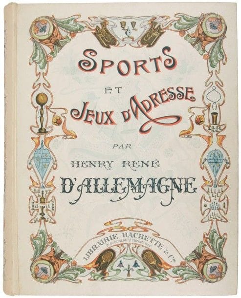 ALLEMAGNE (Henry René d')
Sports et Jeux d'Adresse. Paris: Librairie Hachette & Cie, (1903). - In-4, (2 ff.), 370, IV pp., pp. (371)-382, 33 planches. Cartonnage crème illustré de l'éditeur, dos lisse, tête dorée.
Édition originale de ce remarquable ouvrage.
Cette étude historique sur les jeux se divise en 6 chapitres: I. Premiers jeux de l'enfance (Le cerceau, le cerf-volant, le jeu du chat et du rat, le jeu de la corde et le jeu de l'anguille, le criquet et le bâtonnet, les échasses, le sabot, la toupie, le toton) - II. Jeux à courir (la course, le jeu de barres, les quatre coins, le jeu de cache-cache) - III. Jeux d'adresse (jeu de l'arc et de l'arbalète, le jeu de bague, le bilboquet, le jeu du diable, le jeu de l'émigrette, le jeu de tonneau, le jeu du bouchon et le jeu du palet) - IV. Jeux de balle (le jeu de la balle, le jeu du ballon, le jeu de paume, le jeu du mail, de la crosse et du croquet, le jeu du volant) - V. Jeux de boules (les billes, le jeu de boules, le jeu de billard, les quilles, le jeu de Siam) - VI. Jeux gymnastiques (le saut, le saut à cloche-pied, coupe-tête et saute-mouton, le cheval fondu, la culbute, le pète-en-gueule et le monde renversé, la lutte, la danse, gymnastique, l'escrime, patinage et glissade, les petits feux, le jeu de la pendaison).
L'édition est abondamment illustrée, contenant 328 figures dans le texte et 100 grandes illustrations, à savoir 67 à pleine page et 33 hors texte dont 29 en couleurs.
Exemplaire parfaitement conservé malgré de petites piqûres sur les tranches