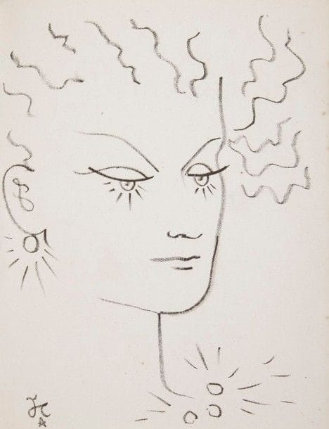 COCTEAU (Jean)
Deux travestis. [Paris: Fournier, 1947]. - In-8, 44 pp., (2 ff.), couverture imprimée. Broché, couverture rempliée.
Édition originale illustrée de 6 lithographies originales de l'auteur, dont un titre, deux portraits à pleine page, 2 lettrines et un cul-de-lampe.
Tirage à 575 exemplaires numérotés; celui-ci est l'un des 100 de tête sur papier d'Auvergne à la main, pur chiffon.
Exemplaire parfaitement conservé
