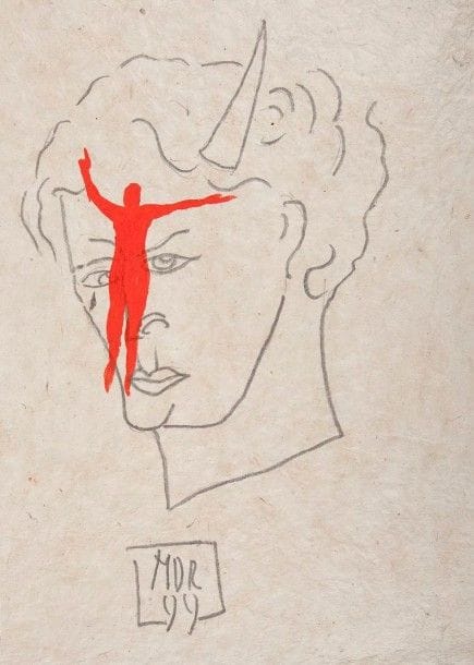 DEL RE (Marco) - SALVATORE (Gaston)
Marsyas. Paris: Maeght éditeur, (1999). - In-4, (16 ff. deux premiers blancs), couverture illustrée. En feuilles, couverture rempliée, étui-boîte en toile jaune de l'éditeur.
Belle édition de luxe de ce recueil de poèmes de Gaston Salvatore, dans la traduction de Franca Trentin Baratto, illustrée de 10 lithographies originales en couleurs du graveur et peintre italien Marco Del Re, dont 2 sur double page, et d'une couverture originale peinte par l'artiste, différente pour chaque exemplaire.
L'édition ne fut tirée qu'à 120 exemplaires sur papier vélin d'Arches.
Exemplaire hors commerce, nominatif, signé par l'auteur et l'artiste, celui-ci comprenant, comme pour les 15 exemplaires de tête, une gouache originale et une suite de 4 lithographies en noir sur japon nacré, signées par l'artiste