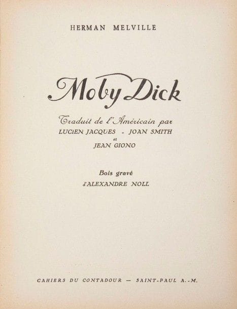 [GIONO (Jean)]
Les Cahiers du Contadour. Saint-Paul, été 1936-février 1939. - 8 numéros en 7 volumes in-4, brochés.
Collection complète des Cahiers du Contadour fondés par Jean Giono et Lucien Jacques. Très peu diffusés, ils sont devenus rares. Publiés de 1936 à 1939, ils sont le fruit des rencontres qui se déroulèrent deux fois par an au Contadour.
Outre les noms de Giono et de Lucien Jacques, on retrouve ceux d'Henri Fluchère, Jean Lescure, Charles Vildrac, Romain Rolland, Alain, etc. Les cahiers V à VIII contiennent pour la première fois la traduction française de Moby-Dick de Melville par Giono, Lucien Jacques et Joan Smith, illustrée de bois gravés par Alexandre Noll et Lucien Jacques. Les numéros III et IV ne forment qu'un volume.
Ensemble très bien conservé, avec seulement quelques piqûres sur les couvertures et sur quelques feuillets ainsi que des mouillures sur la couverture du septième cahier