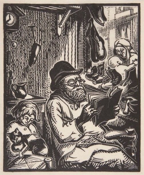 HESSE (Raymond)
Voyage de la Rue des Écouffes à la Rue des Rosiers. Paris: H. Blanchetière, (1923). - In-4, en feuilles, couverture rempliée, chemise, étui.
Édition originale illustrée de lettres ornées en couleurs, d'ornements typographiques et de 20 bois originaux par le peintre et graveur Gabriel Belot.
Tirage à seulement 220 exemplaires sur vélin d'Arches, celui-ci étant l'un des 184 contenant un seul état des bois.
Précieux exemplaire enrichi des pièces suivantes:
- Fumé sur Japon pelure du bois «Le cordonnier à la lecture».
- Un manuscrit autographe, très corrigé, du texte Moïse de Raymond Hesse (1 page in-8).
- Un dessin original signé de Gabriel Belot représentant le portrait d'une jeune fille.
- LAS de Gabriel Belot, à Raymond Hesse, ce mercredi, 1923, 4 pages in-12, concernant Blanchetière et la publication, enveloppe jointe. Belot a ajouté un dessin sur la première page.
On joint, du même auteur:
- Le Poilu pacifiste avec une préface de J. H. Rosny Aîné. Paris: L'édition Avenir, (1920). - In-8, broché, chemise, étui.
Édition originale illustrée de bois originaux d'Antonio Galbez. Un des 250 exemplaires du tirage de luxe, celui-ci étant l'un des 160 numérotés sur papier vélin parcheminé Canson et Montgolfier.
Exemplaire très bien conservé malgré de petites déchirures à la couverture. Étui abîmé