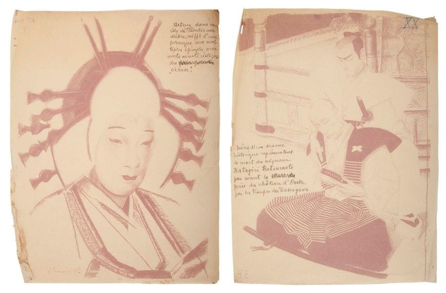 IACOVLEFF (Alexandre)
Le Théâtre japonais (Kabuki). Paris : M. & J. de Brunoff, (1933).
Exemplaire d’épreuve de cet admirable livre consacré au théâtre Kabuki.Il comprend l’épreuve du texte composé par le professeur Serge Elisseeff, comprenant 107 feuillets au format in-4 oblong avec à plusieurs reprises le tampon de l’imprimerie Coulouma daté du 7 novembre 1930. Le texte est imprimé sur un seul côté du feuillet et comporte plusieurs corrections manuscrites sur le renvoi aux planches essentiellement.Dans une chemise à dessin figurent un essai de couverture dessinée par l’artiste, 14 épreuves en hélio noir et sépia, dont une en double, sur les 32 qui illustrent normalement l’ouvrage ainsi qu’une collection certainement unique de 28 épreuves d’essai en violet sur papier fin. Ces planches sont pour la majorité signées dans la pierre par l’artiste ; elles représentent de formidables portraits d’acteur ainsi que des scènes théâtrales. Elles sont, à l’exception de deux, annotées vraisemblablement par Iacovleff ou Serge Elisseeff ; les informations données permettent d’identifier formellement non seulement les acteurs représentés mais également de quelle pièce est tirée l’illustration ; elles serviront aux légendes imprimées au verso des planches dans l’ouvrage, avec cependant quelques différences dans le texte. Ainsi on trouve représenté : la « Poupée représentant Tonase, femme de Kakogawa Honzô en route pour Kyoto (scène de la pièce bien connue « La Vengeance des 47 Ronin ») » - « Le spectre du tout puissant seigneur Taira no Kiyomori, un des maquillages stylisés de l’art théâtral de Kabuki » - « Le célèbre acteur Nakamura Utaemon dans le rôle de l’épouse d’un seigneur féodal » - « Le célèbre acteur Kikugorô dans le rôle d’un serviteur dans une pièce héroïque ». Etc.Cet ensemble unique pour l’ouvrage qui est considéré comme l’un des plus beaux et des plus réussis sur l’art théâtral japonais, est tout à fait précieux.On joint 4 prospectus de parution ainsi qu’une lettre autographe sig
