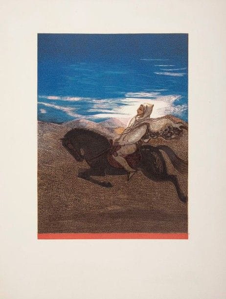 [SCHMIED (François-Louis)] LUCIEN-GRAUX
L'Agneau du Moghreb. [Paris]: Pour les Amis du Docteur Lucien-Graux, (1942). - In-4, en feuilles, couverture rempliée, chemise.
Édition originale tirée à 125 exemplaires numérotés sur papier vélin, constituant le 31e volume de la collection «Pour les amis du docteur Lucien-Graux». Elle est illustrée d'ornements et de 5 compositions en couleurs hors texte de François-Louis Schmied, gravés sur bois par Théo Schmied.
Déchirures et manques au dos de la couverture. Sans l'étui