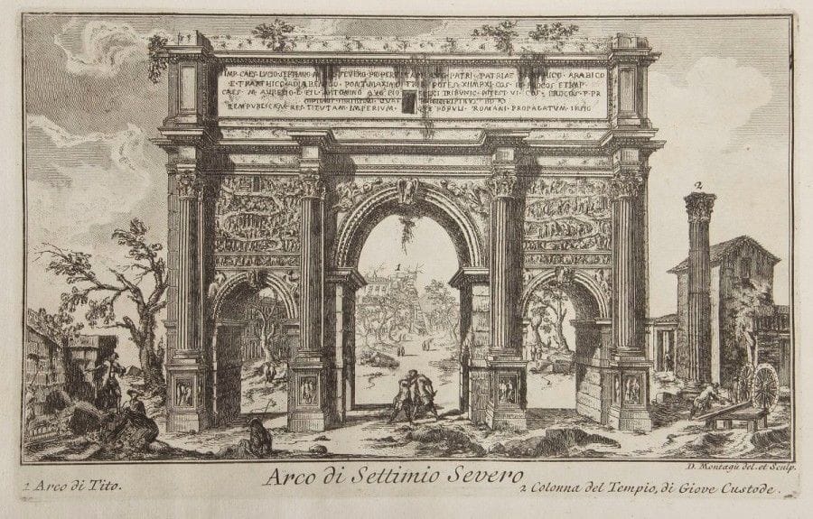 MONTAGU (Domenico)
Nuova raccolta delli piu' belle vedute di Roma dissegnate, e intagliate da celebri autore. Roma, 1771. - Album in-4 oblong, demi-basane à coins de vélin blanc, dos lisse orné (reliure du début du XIXe siècle).
Nouvelle édition de cet album qui constitue un très bel ensemble de 50 vues de Rome soigneusement gravées à l'eau-forte par le vedutiste et graveur d'architectures italien Domenico Montagù.
Exemplaire enrichi de 17 planches supplémentaires représentant des vues mais surtout des bas-reliefs et des pièces archéologiques, légendées en français et gravées pour la plupart par Montagù d'après les dessins de Jean Barbault (1718-1762) avec lequel il avait l'habitude de collaborer.
Ces planches supplémentaires sont de différents formats et certaines ont été réenmargées pour être à la taille du livre. La planche 32, représentant la Villa Albani, a été dessinée et gravée par Pulini. La dernière planche est volante.
Reliure frottée et épidermée, charnières fendues, coiffes arrachées. Quelques légères rousseurs, sans gravité