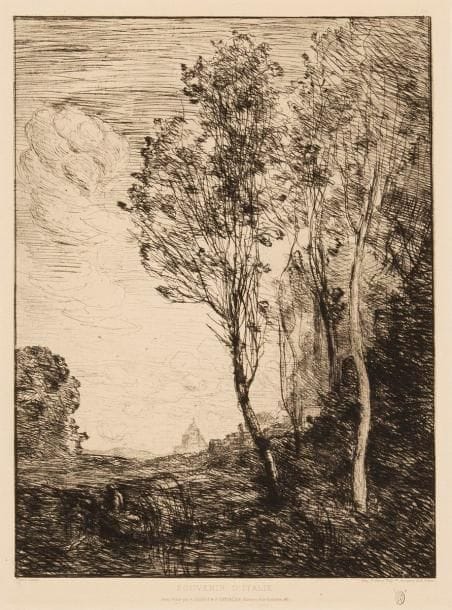 Jean-Baptiste Camille COROT (1796-1875)
Souvenir d'Italie. 1863. Eau-forte. 230 x 310. Delteil 5. Très belle épreuve sur vergé, légèrement oxydée. Courts plis cassés aux bords du feuillet. Toutes marges. Timbre sec: Cadart et Chevalier (Lugt 3270)