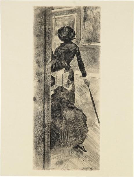 Edgar DEGAS (1834-1917)
Au Louvre: la peinture (Mary Cassatt). Vers 1876. Eau-forte et aquatinte. 125 x 303. Delteil 29 ; Reed-Shapiro 52. Parfaite épreuve sur japon, du tirage effectué sur le cuivre biffé pour Ambroise Vollard (1918). Toutes marges