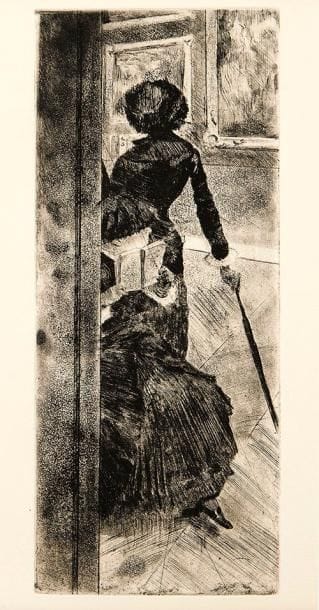 Edgar DEGAS (1834-1917)
Au Louvre: la peinture (Mary Cassatt). Vers 1876. Eau-forte et aquatinte. 125 x 303. Delteil 29. Très belle épreuve sur vélin fort, du tirage effectué sur le cuivre biffé pour Ambroise Vollard (1918). Quelques rousseurs claires uniquement visibles au verso. Toutes marges