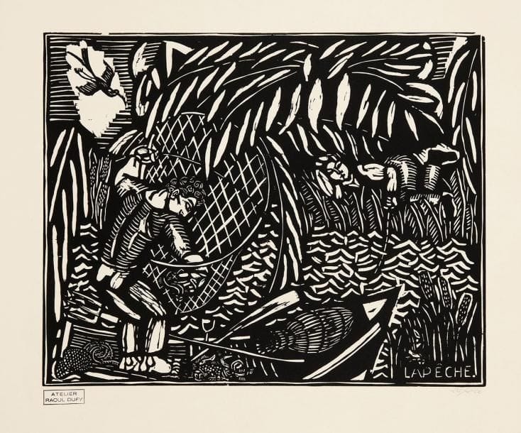 Raoul DUFY (1877-1953)
La Pêche. Vers 1910. Bois gravé. 402 x 318. Pernoud, L'Estampe des Fauves, p. 88. Belle épreuve sur vélin fort, d'un tirage posthume (vers 1950), revêtue du timbre de l'atelier et numérotée à la mine de plomb. Légères traces de plis dans l'angle supérieur gauche. Toutes marges