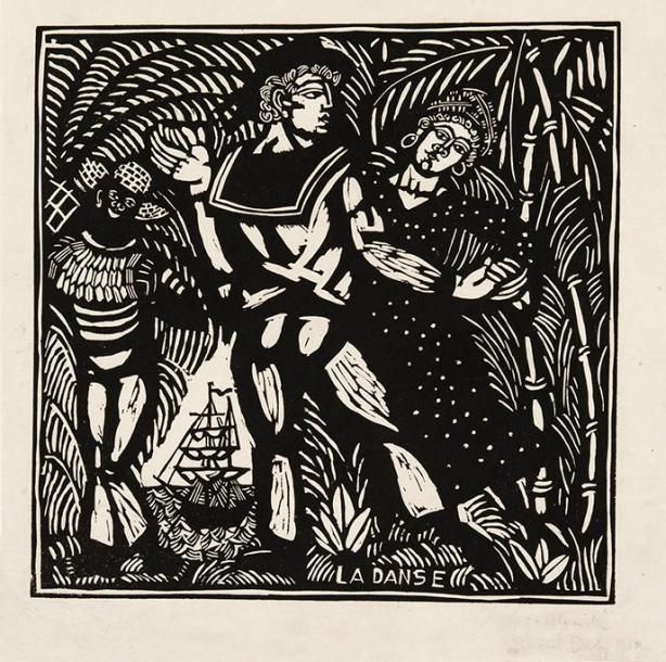 Raoul DUFY (1877-1953)
La Danse. Vers 1910. Bois gravé. 312 x 308. Pernoud, L'Estampe des Fauves, p. 88. Bonne épreuve sur chine volant, du 1er tirage, dédicacée, signée et datée à la mine de plomb (ces inscriptions partiellement effacées). Épidermures au verso et petites traces de frottement divers. Petites marges