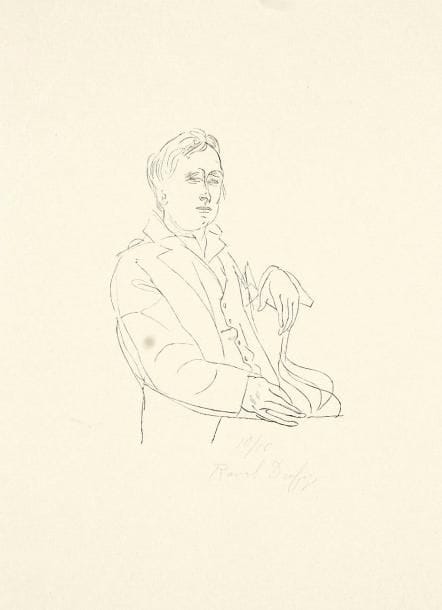 Raoul Dufy (1877-1953) (d'après)
Portrait de Fernand Fleuret. Pl. pour Falourdin, collection Une Oeuvre, un portrait, Gallimard, N.R.F., 1927. Gravé sur bois par G. Aubert. 95 x 120. Belle épreuve de tiré à part sur japon, numérotée et signée à la mine de plomb par Dufy, montée sous passe-partout au moyen d'un morceau d'adhésif en tête au verso. Quelques courts plis de manipulation cassés. Toutes marges. Tirage à 10 épreuves