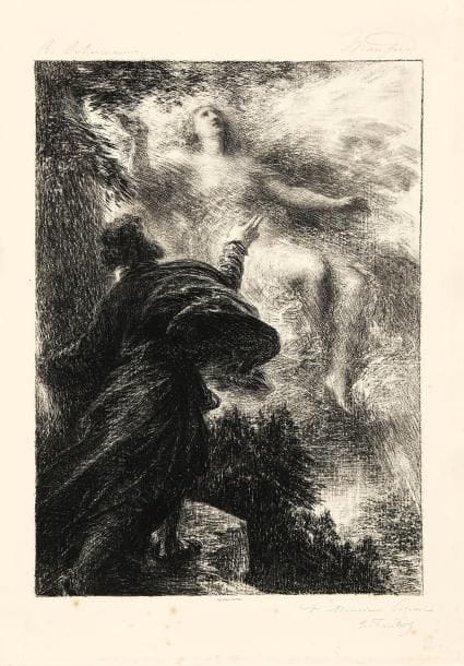 Henri FANTIN-LATOUR (1836-1904)
La Fée des Alpes (2e pl.). 1885. Autographie. 350 x 580. Hédiard-Mason 55. Belle épreuve sur chine appliqué, titrée «R. Schumann» puis «Manfred» en tête à la mine de plomb et dédicacée en pied «A Monsieur Pigeon» puis signée. Rousseurs claires éparses. Bande de papier gommé brun le long des bords du feuillet au verso. Toutes marges