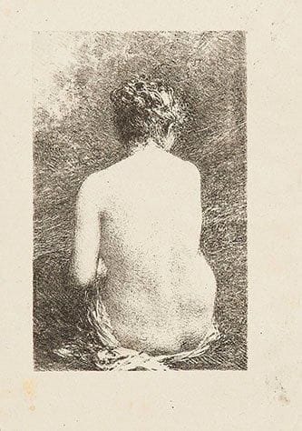 Henri FANTIN-LATOUR (1836-1904)
Étude de femme assise, vue de dos. 1897. Lithographie. 80 x 130. Hédiard-Mason 133. Belle épreuve d'essai sur chine volant, antérieure au tirage pour La Vie Artistique. Infimes rousseurs. Petites marges normales. Provenance: succession d'Auguste Clot, imprimeur lithographe