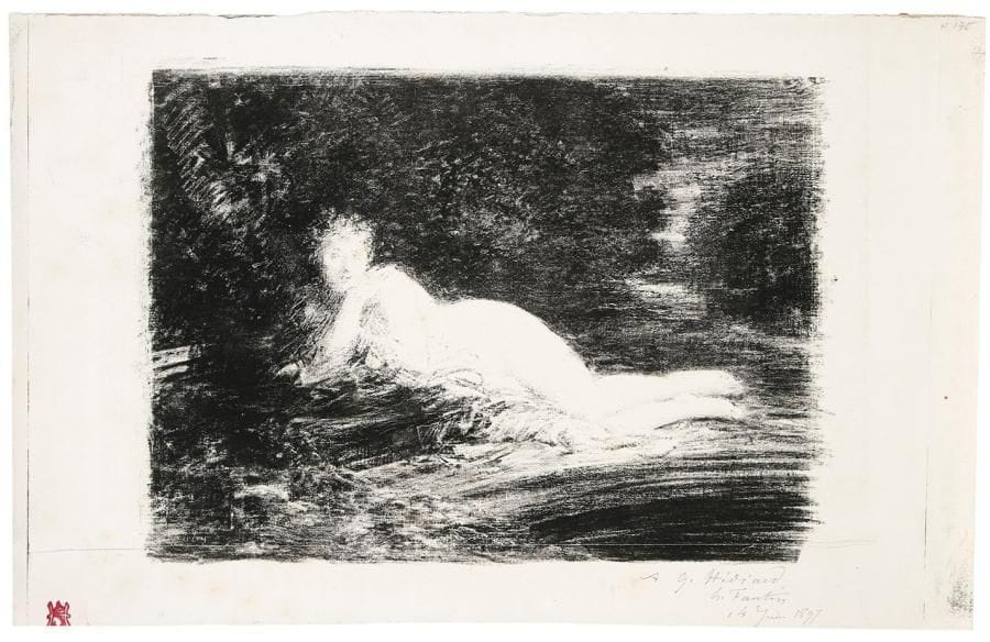 Henri FANTIN-LATOUR (1836-1904)
Étude de femme couchée au bord d'un bassin. 1897. Lithographie. 310 x 220. Hédiard-Mason 135. Exceptionnelle et rarissime épreuve d'essai sur vélin fort, tirée au verso d'un fragment de la lithographie d'Eugène Carrière, Le Sommeil (Delteil 36), sur chine appliqué, dédicacée à la mine de plomb «A G. Hédiard» puis signée et datée «14 Juin 1897». Quelques rousseurs claires éparses. Ex-coll. Dr H. Stinnes (Lugt 1376a) et FMA (Lugt non décrit)