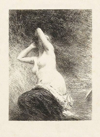 Henri FANTIN-LATOUR (1836-1904)
Ariane. 1901. Lithographie. 118 x 157. Hédiard-Mason 154. Très belle épreuve sur chine volant, du 2e état (sur 3), les marges effacées, avant la lettre, antérieure au tirage pour la Gazette des Beaux-Arts. Toutes marges. Provenance: succession d'Auguste Clot, imprimeur lithographe