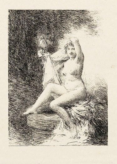 Henri FANTIN-LATOUR (1836-1904)
Vérité (petite pl.). 1900. Lithographie. 137 x 190. Hédiard-Mason 156. Très belle épreuve du 1er état (sur 3), sur chine volant, avant la signature et le titre lithographiés. Toutes marges. Planche parue dans son état définitif dans La Revue de l'Art Ancien et Moderne. Provenance: succession d'Auguste Clot, imprimeur lithographe