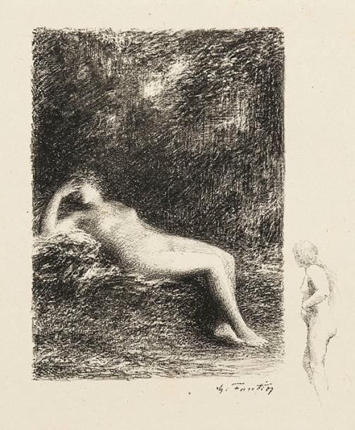 Henri FANTIN-LATOUR (1836-1904)
Illustrations pour les «Poésies» d'André Chénier: Le Jeune malade; Néère; XXI; XXVII. Lithographie. Chaque environ 180 x 220. Hédiard-Mason 162, 167, 169 et 170. Très belles, fraîches et rares épreuves d'essai, la 1re sur japon pelure, les autres sur chine volant. Toutes marges. Tirage à 5 ou 6 épreuves. Ens. 4 p. Provenance: succession d'Auguste Clot, imprimeur lithographe