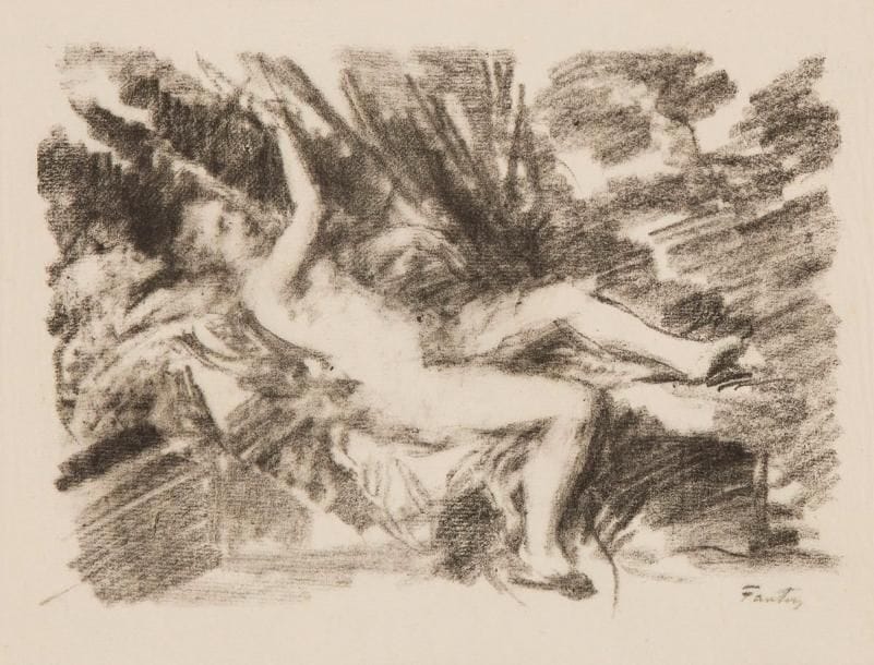 Henri FANTIN-LATOUR (1836-1904)
Le Réveil. 1906. Autographie. 250 x 180. Hédiard-Mason 190. Très belle et rare épreuve d'essai sur japon pelure, antérieure au tirage pour L. Bénédite, Fantin-Latour. Toutes marges. Provenance: succession d'Auguste Clot, imprimeur lithographe