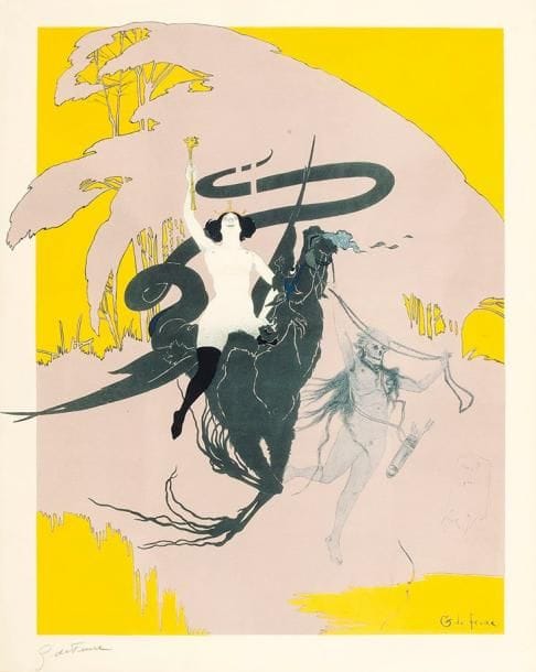 Georges De Feure (1868-1943)
Femme nue chevauchant un griffon, la Mort avec un arc et un carquois à ses côtés. Vers 1896. Lithographie. 450 x 545. Impression en couleurs. Très belle et fraîche épreuve sur vélin, signée à la mine de plomb. Marges. Cadre. Provenance: succession d'Auguste Clot, imprimeur lithographe