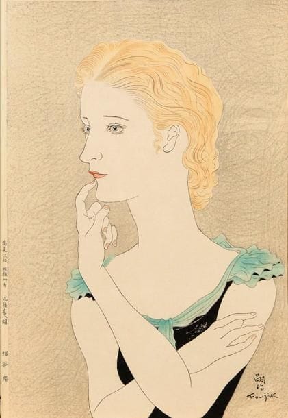 Léonard-Tsuguharu FOUJITA (1886-1968)
Portrait de jeune femme blonde. 1935. Bois gravé. [265 x 395]. Buisson 35-08. Impression en couleurs. Très belle et fraîche épreuve d'un tout premier tirage demeuré inconnu à Buisson, effectué par Takamizawa. Infimes traces d'adhésif oxydées en tête. Court pli de tirage au bord droit. Toutes marges. Timbre japonais au verso. Très rare