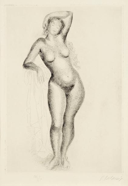 Démétrios Galanis (grec, 1882-1966)
Nu. 1927. Eau-forte. 318 x 450. I.F.F. 53. Parfaite épreuve sur vélin fort, numérotée et signée à la mine de plomb. Toutes marges. Tirage à 150 épreuves. Timbre sec: Le Chien de Pique (Lugt non décrit)