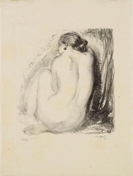 Georges GOBO (1876-1958)
Femme nue de dos. 1932. Lithographie. 236 x 255. I.F.F. 102. Très belle épreuve sur japon vergé mince, numérotée et signée à la mine de plomb. Rousseurs claires éparses. Toutes marges. Tirage à 80 épreuves. Provenance: succession d'Auguste Clot, imprimeur lithographe