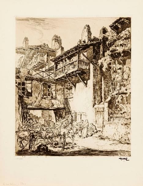 Georges GOBO (1876-1958)
Tour des remparts, Bayonne; Les Ânes de Saint-Jean-de-Luz. 1921. Eau-forte. 370 x 400 et 398 x 480. I.F.F. 40 et 47. Belles épreuves sur vélin fort, la 1re signée et numérotée, la 2e annotée «1er état» et timbrée. Toutes marges. Joint: Portail de la cathédrale, Bayonne. 1923. Lithographie. 260 x 345. I.F.F. 61. Très belle épreuve sur vélin, numérotée et signée à la mine de plomb. Toutes marges. Ens. 3 p