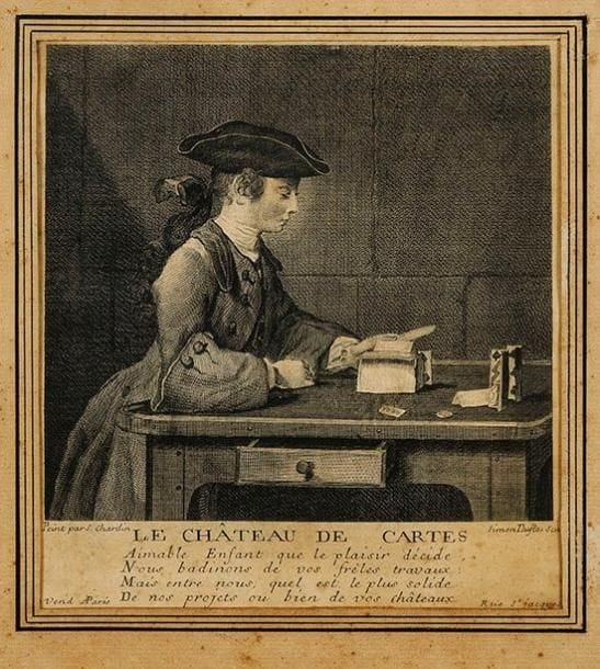 Jean Siméon Chardin (1699-1779)
Le Château de cartes; La Maîtresse d'école. Pendants. Gravé par Duflos. À vue: 207 x 230. Bocher 11 B et 34 B. Bonnes épreuves rognées à l'intérieur du coup de planche mais complètes de la tablette, oxydées, collées sur carton. Cadres. Ens. 2 p
