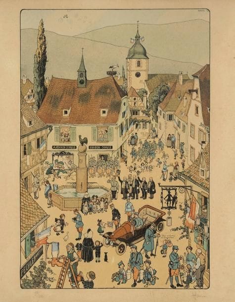 Hansi (Jean-Jacques Waltz, dit) (1873-1951)
Le Village sous les Allemands; Le Village sous les Français. 1917. Lithographie. Chaque 330 x 485. Impression en couleurs. Belles épreuves sur simili-japon fort, oxydées, signées et numérotées à la mine de plomb. Quelques rousseurs et petites taches. Toutes marges. Tirage à 250 épreuves. Cadres. Ens. 2 p