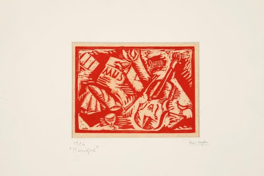Henri Hayden (1893-1970)
Musique. 1916. Bois gravé. 215 x 155. Impression en sanguine. Très belle épreuve sur japon pelure, signée à la mine de plomb, fixée en tête par deux petits morceaux d'adhésif. Nombreuses traces de plis souples normales. Toutes marges. Planche ayant servi à illustrer le programme du festival Satie-Ravel du 18 avril 1916 à Montparnasse