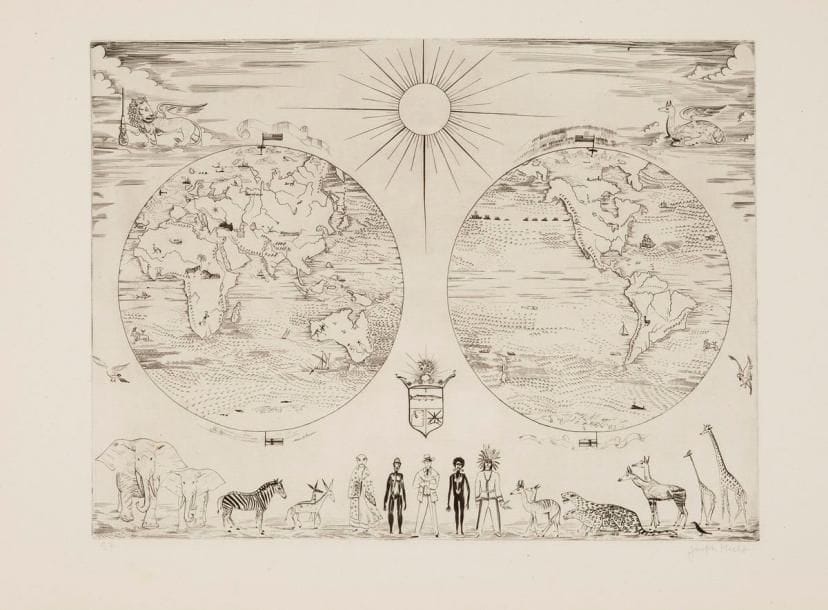 Joseph HECHT (1891-1951)
La Terre. Pl. pour Atlas, poème d'André Suarès. 1928. Burin. 398 x 300. Plumart, Tonneau-Ryckelynck 158. Parfaite épreuve sur vergé de Montval filigrané au brochet, numérotée et signée à la mine de plomb. Toutes marges. Tirage à 120 épreuves