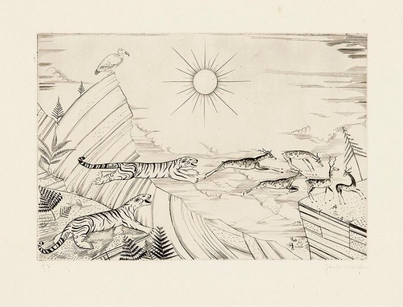 Joseph HECHT (1891-1951)
Asie. Pl. pour Atlas, poème d'André Suarès. 1928. Burin. 294 x 200. Plumart, Tonneau-Ryckelynck 161. Parfaite épreuve sur vergé de Montval filigrané au brochet, numérotée et signée à la mine de plomb. Toutes marges. Tirage à 120 épreuves
