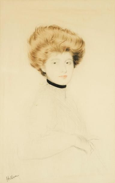 Paul-César HELLEU (1859-1927)
Jeune femme rousse en buste, noeud noir autour du cou. Pointe sèche. 340 x 550. Impression en couleurs. Très belle épreuve sur vélin, légèrement oxydée, signée à la pierre noire. Minuscules rousseurs. Marges. Cadre. Provenance: Stuart Preston (1915-2005), critique d'art américain qui collabora au magazine The Connoisseur et au New York Times. Connu comme «the Sergeant», il fut une figure haute en couleurs du Londres élégant et intellectuel durant la Seconde Guerre mondiale et servit de modèle à Evelyn Waugh pour un personnage de ses romans
