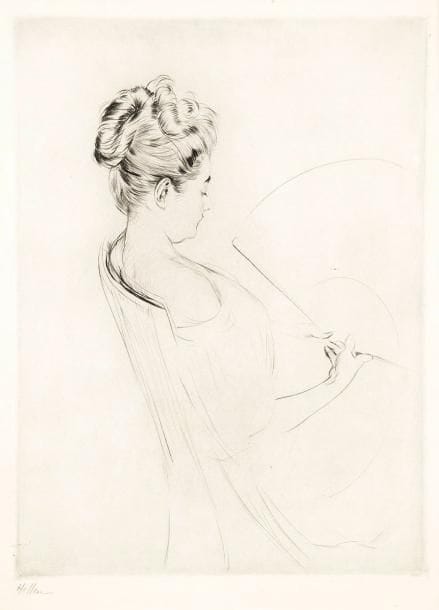 Paul-César HELLEU (1859-1927)
Femme assise à l'éventail. Vers 1900. Pointe sèche. 292 x 400. Belle épreuve sur vergé blanc, soigneusement lavée, signée à la mine de plomb. Belles marges
